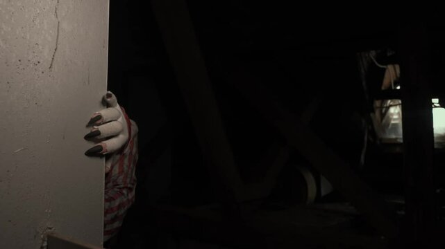 Crazy creepy killer man dressed as clown with makeup at attic in ruined house hides around the corner, scary smile stares. Halloween thriller concept.