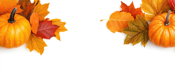 Fototapeta premium Vibrant orange pumpkins surrounded by autumn leaves on a white isolated background, perfect for fall-themed designs and seasonal decorations.