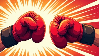 Two red boxing gloves colliding with an explosive background