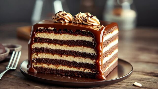 A slice of chocolate cake with layers of frosting sits on a plate on a wooden table