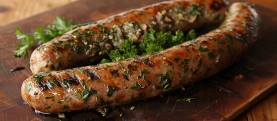 Fototapeta premium Roasted Sausage With Fresh Herbs