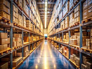 Fototapeta premium Tilt-Shift Warehouse Aisle Perspective with Tall Shelves and Cardboard Boxes - Ideal for Logistics, Storage, and Industrial Themes