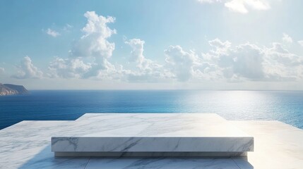 Obraz premium White marble square podium with a stunning sea view on a bright sunny day High quality image capture