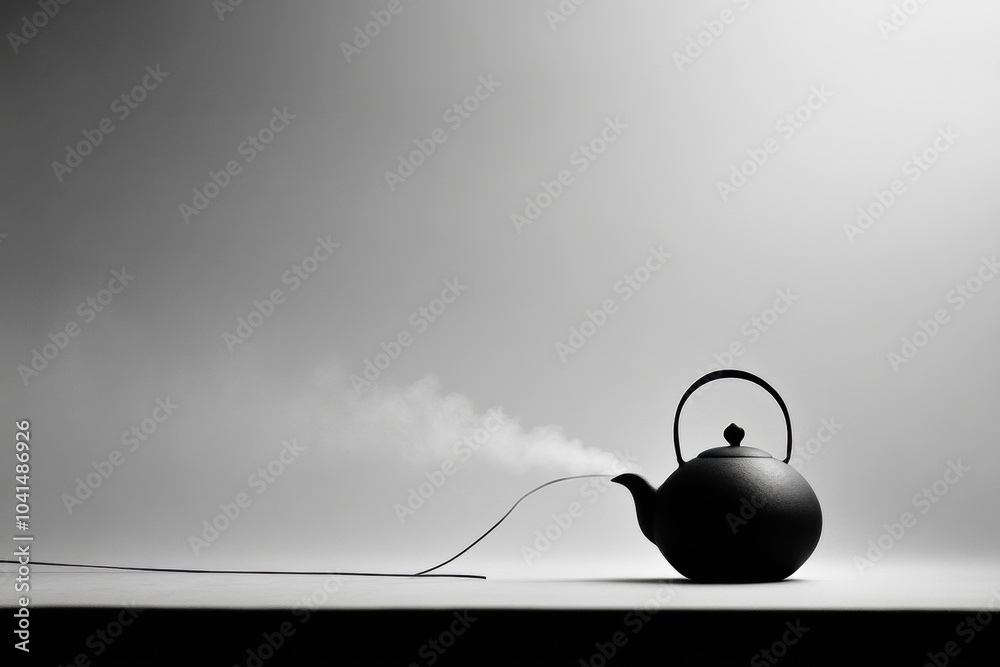 Poster a black tea kettle emits thin steam lines, creating a calm atmosphere in a softly lit kitchen enviro