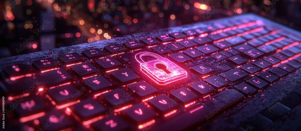 Poster neon glowing padlock on illuminated keyboard