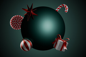 Christmas ornaments and gifts arranged around a dark green circle, creating a festive holiday atmosphere.3d rendering