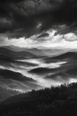 Black and white style of mountains, misty and dark, with high contrast.