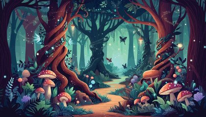 Mystical woodland with ancient trees lush vegetation and sparkling fairy lights background