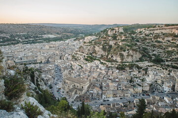 view of  the town of Scicli in Sicily at sunset