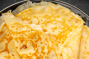 Crepe pancake sweet breakfast or dessert tasty food dish Fresh delicious gourmet food background on the table rustic food top view copy space top view