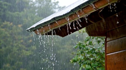 Torrential downpour causing water to overflow from a tile shingle roof, streaming and splashing over the aluminum gutter system during a mid-summer rainstorm, showcasing the impact of heavy rainfall