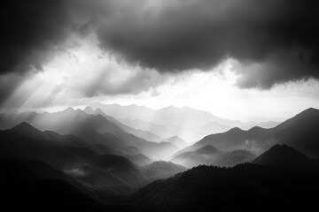 Black and white style of mountains, misty and dark, with high contrast.