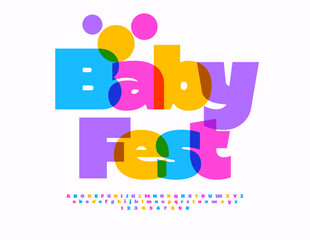 Vector event poster Baby Fest. Colorful Children Font. Bright Alphabet Letters, Numbers and Symbols.