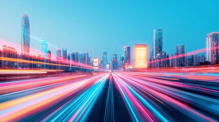 Fototapeta premium Vibrant cityscape illuminated by dynamic light trails showcasing urban life and technology advancements at dusk