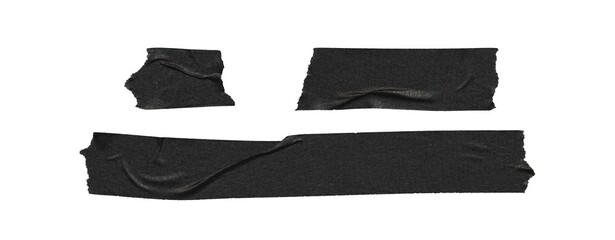 Set of duct tape lines, isolated black paper adhesive tape strips of different sizes on white background