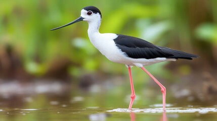 Obraz premium Elegant Black and White Bird Walking by Water