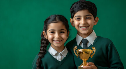 A happy Indian boy and girl holding a gold trophy, smiling at the camera with a green background, 