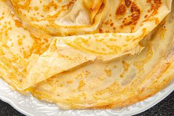 Crepe pancake sweet breakfast or dessert tasty food dish Fresh delicious gourmet food background on the table rustic food top view copy space top view