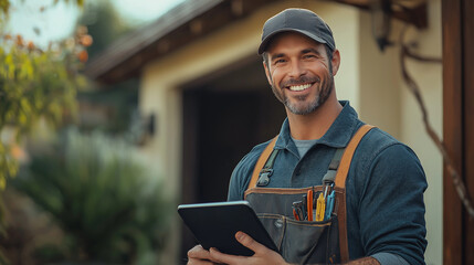 A handsome male craftsman stands in front of his house, smiling and wearing work and overalls with tools hanging from them. He is holding a tablet  , and has short hair and facial