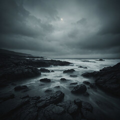 Fototapeta premium Moody coastal landscape at dusk with turbulent waves and rocky shoreline