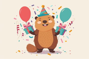 Cheerful cartoon beaver at birthday party