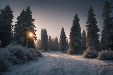Snow-covered pine trees in a forest at dusk