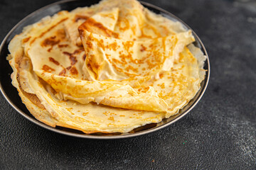 Crepe pancake sweet breakfast or dessert tasty food dish Fresh delicious gourmet food background on the table rustic food top view copy space top view