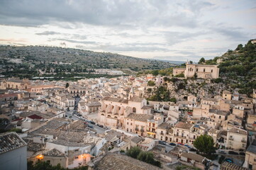 view of  the town of Scicli in Sicily at sunset