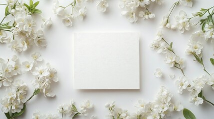 Elegant invitation or greeting card mockup surrounded by delicate white flowers in a top view perspective