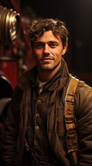 Obraz premium Confident male firefighter with a serious expression standing proudly against a dark background