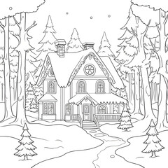 Obraz premium Coloring page with a house in the winter forest with a Christmas tree