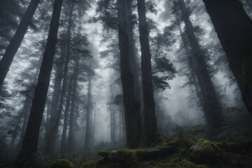 Obraz premium Mysterious dark forest shrouded in mist during a quiet early morning