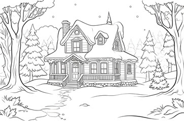 Obraz premium Coloring page with a house in the winter forest with a Christmas tree