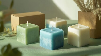 Square bubble candles in blue green and white colors displayed on a soft green surface alongside a packaging box