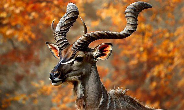 Close-up of a Kudu with Twisted Horns in Autumn Foliage