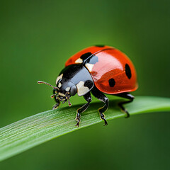 Fototapeta premium Ladybug Resting on Green Grass Leaf