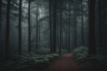 Obraz premium a tranquil dark forest path surrounded by towering trees in the early evening