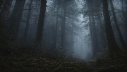 Obraz premium Mysterious dark forest pathway shrouded in mist during early morning hours