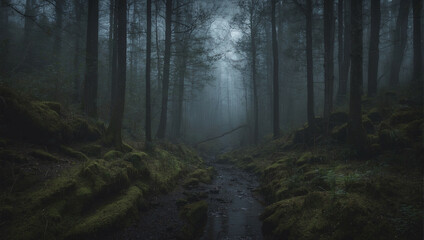 Obraz premium A tranquil walk through a dark forest during foggy twilight hours