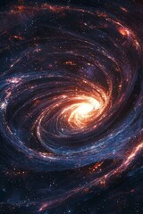 Obraz premium Black hole, spinning galaxy at the center of space, glowing light trails swirling around it.