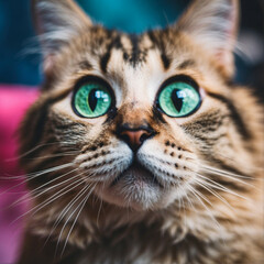 Surprised cat with big green eyes gazes in wonder at the camera indoors
