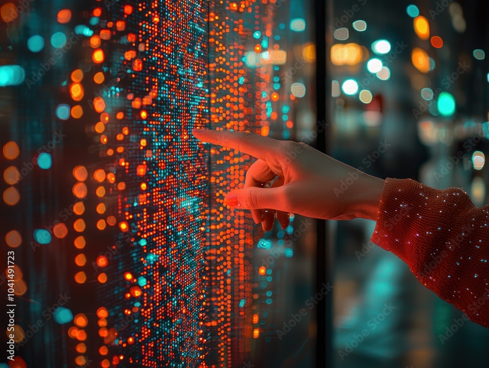 Poster Hand Interacting with a Screen Displaying a Grid of Red and Blue Lights