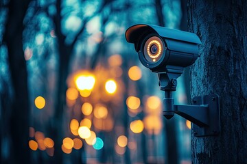 A security camera mounted on a tree. This photo is great for illustrating articles about security, safety, and surveillance.