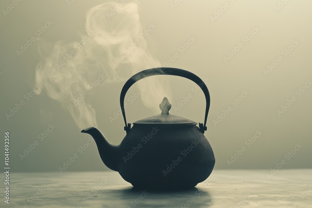 Poster a kettle steams gently, releasing thin lines of vapor into the air, creating a calm and inviting atm