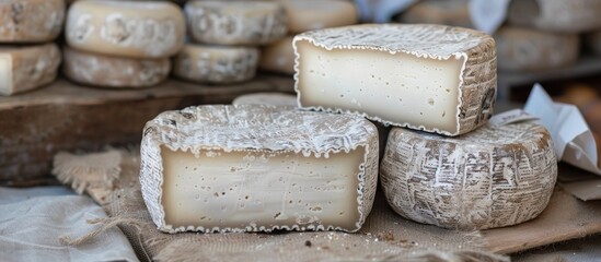 French Tomme Cheese For Sale On A Market Stall Studio Shoot