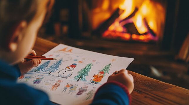 child sitting at a wooden table near a fireplace, drawing a winter scene