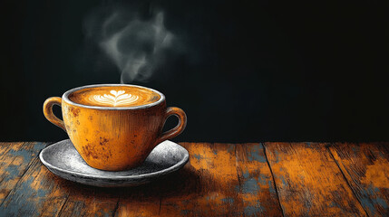 Obraz premium Steaming Cup of Coffee with Coffee Pot on Table in Cozy Atmosphere