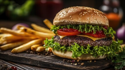 Delicious grilled beef burger accompanied by fresh vegetables and crispy french fries served hot in a casual dining setting