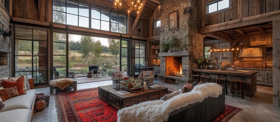 A large, rustic living room with a stone fireplace, large windows, a red rug, and a leather sofa.