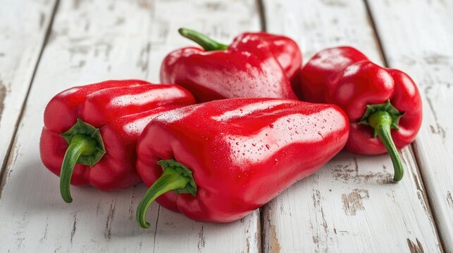 Vibrant red Kapia peppers displayed on a white wooden surface